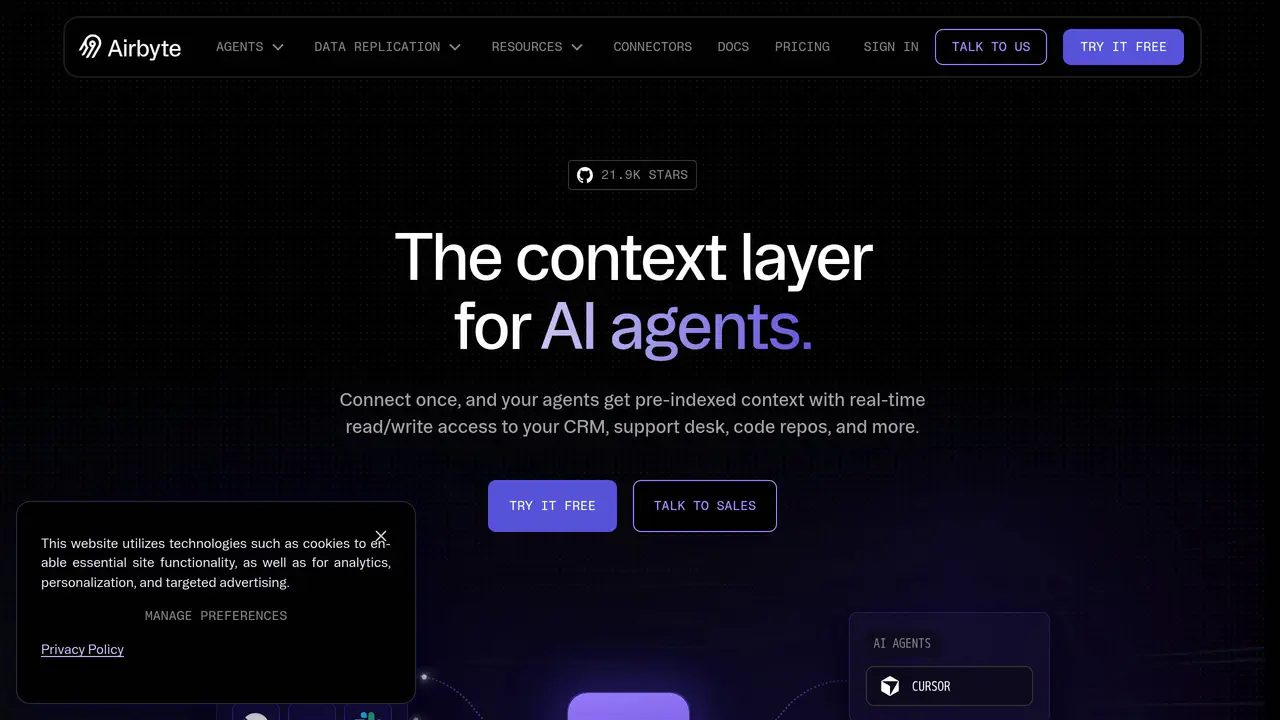 Homepage preview of Airbyte, captured Aug 11, 2026