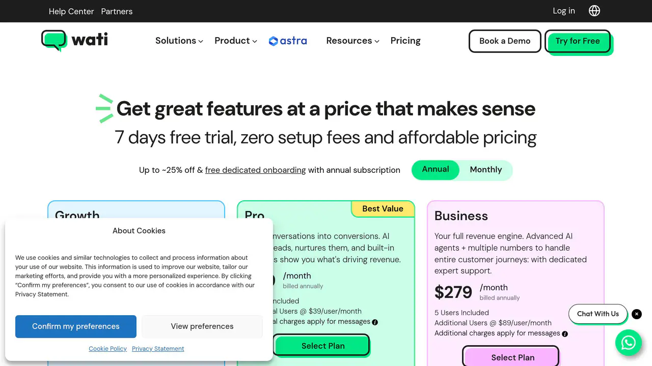 Pricing-page preview of WATI, captured Jul 23, 2026