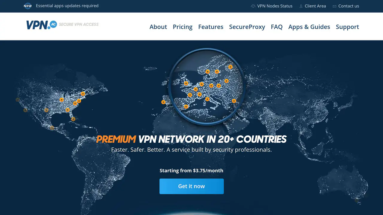 Homepage preview of VPN.ac, captured Jul 26, 2026