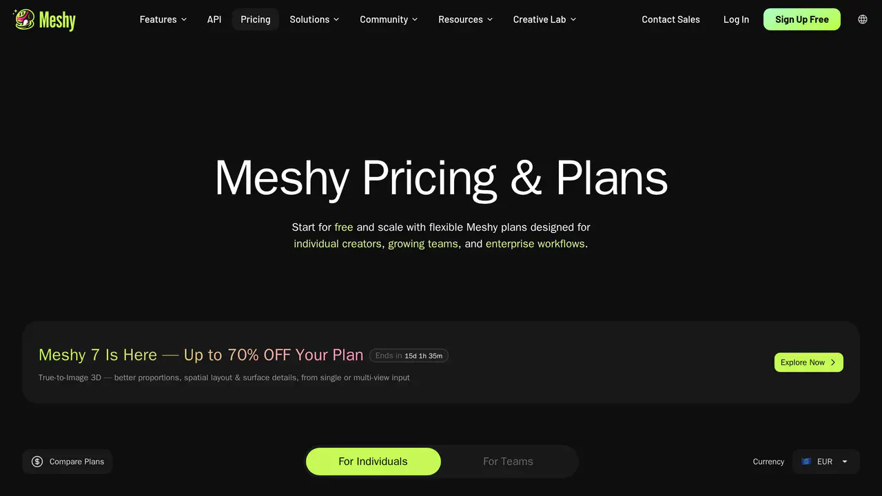 Pricing-page preview of Meshy, captured Aug 16, 2026