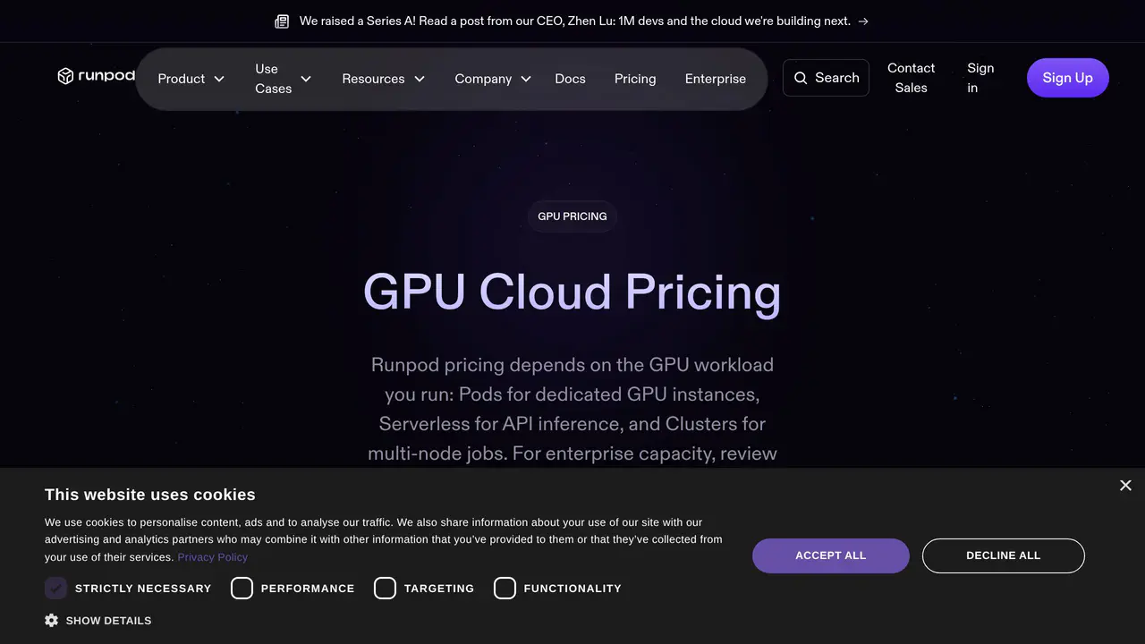 Pricing-page preview of RunPod, captured Jul 23, 2026