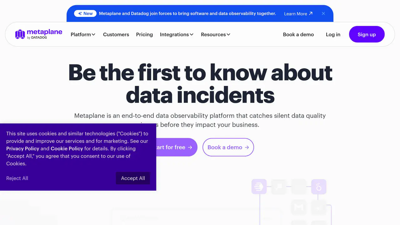 Homepage preview of Metaplane, captured Jul 23, 2026