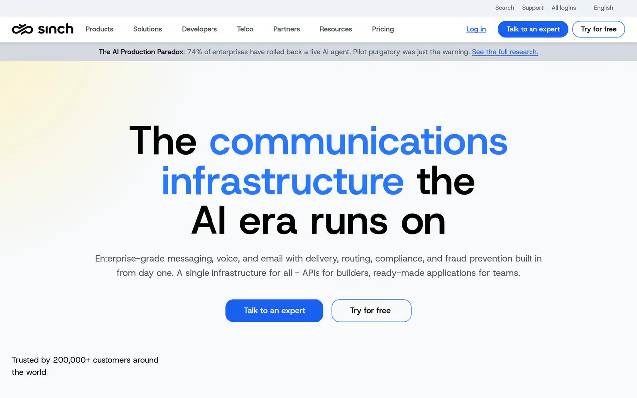 Homepage preview of Sinch, captured Jul 22, 2026