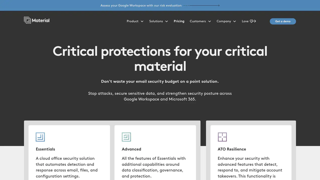 Pricing-page preview of Material Security, captured Jul 23, 2026