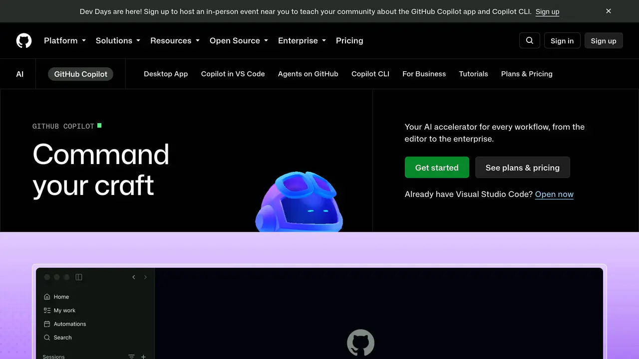 Homepage preview of GitHub Copilot, captured Aug 16, 2026