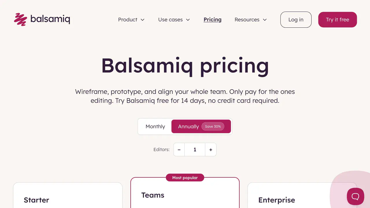 Pricing-page preview of Balsamiq, captured Aug 23, 2026