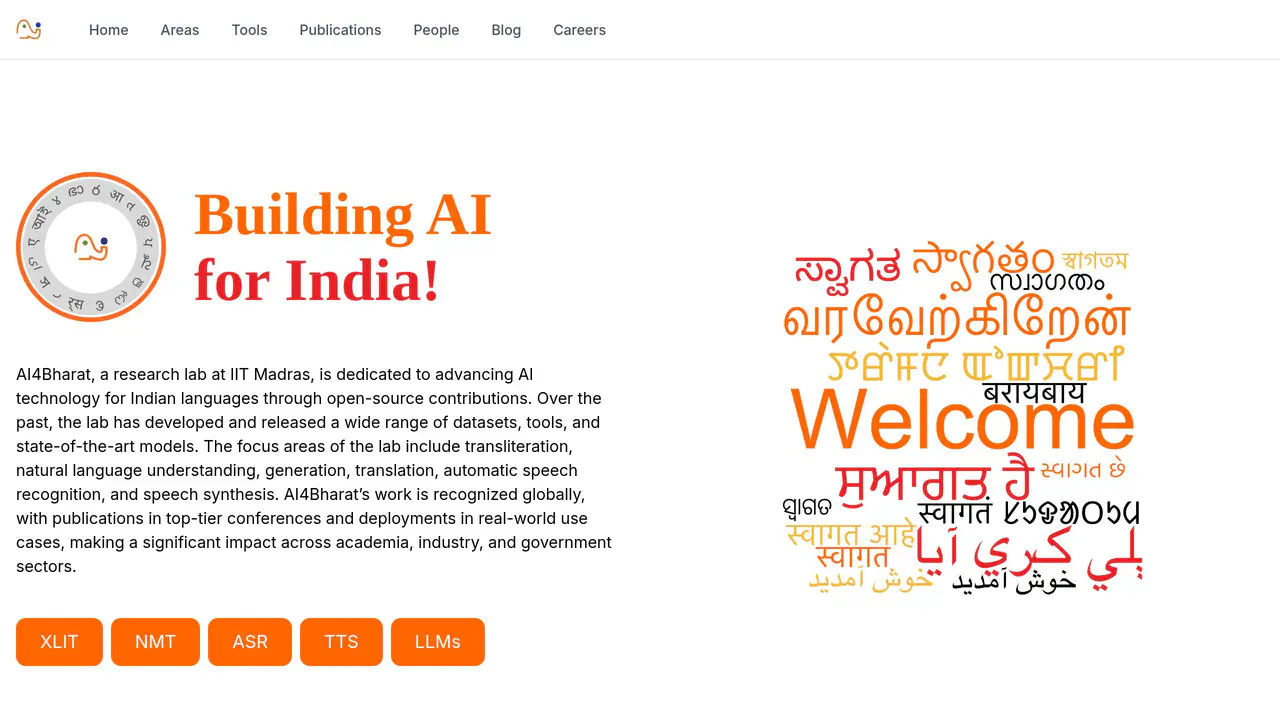 Homepage preview of AI4Bharat, captured Aug 29, 2026