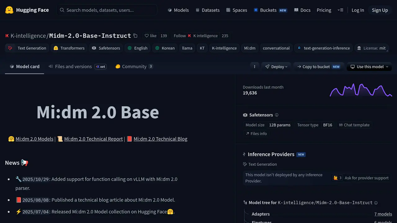 Homepage preview of Midm 2.0 Base Instruct, captured Jul 23, 2026