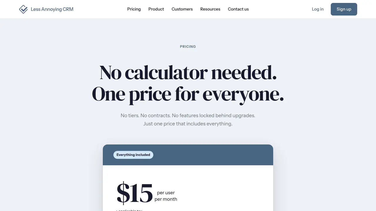 Pricing-page preview of Less Annoying CRM, captured Aug 16, 2026