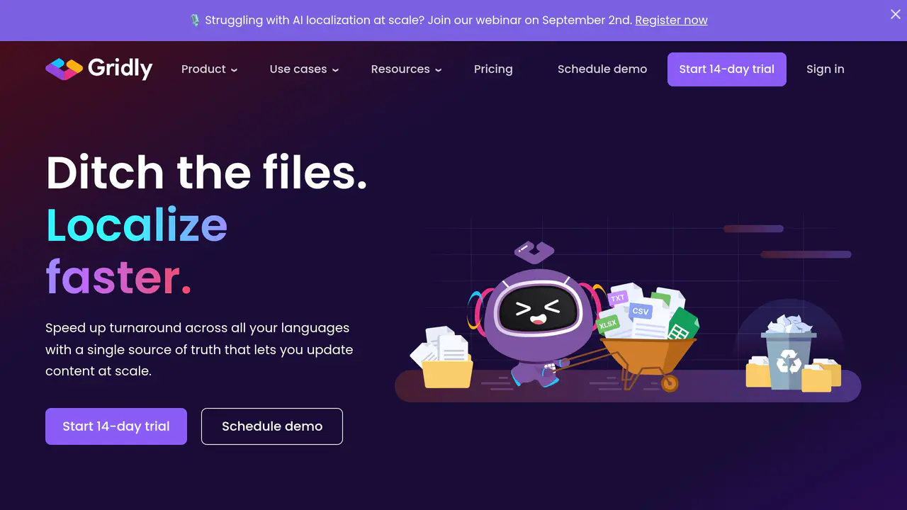 Homepage preview of Gridly, captured Aug 31, 2026