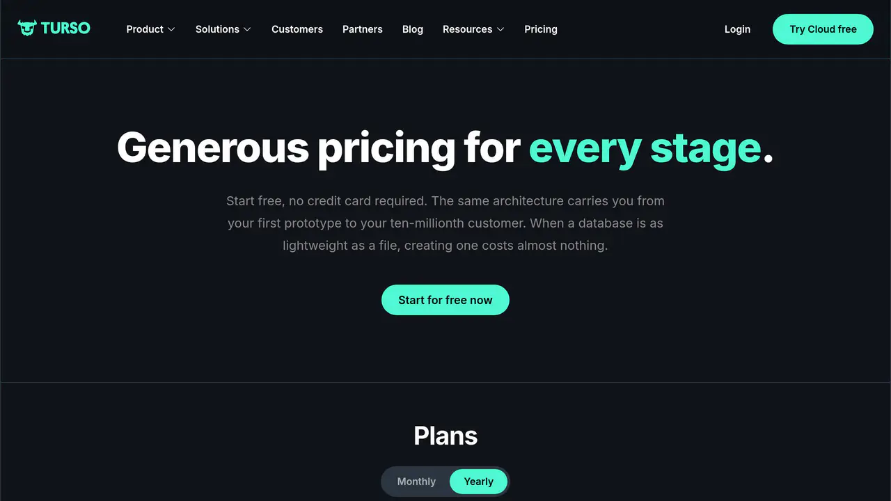 Pricing-page preview of Turso, captured Sep 10, 2026