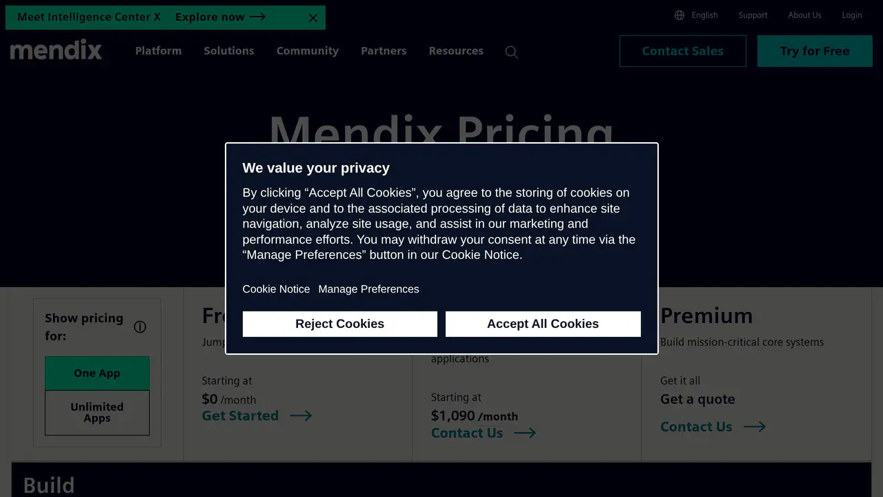 Pricing-page preview of Mendix, captured Aug 24, 2026