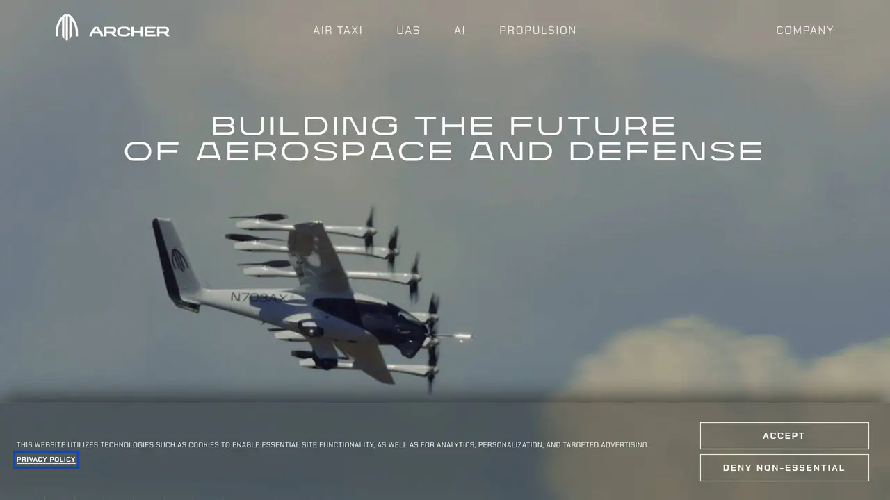Homepage preview of Archer Aviation, captured Aug 30, 2026