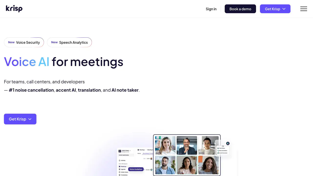 Homepage preview of Krisp, captured Aug 3, 2026