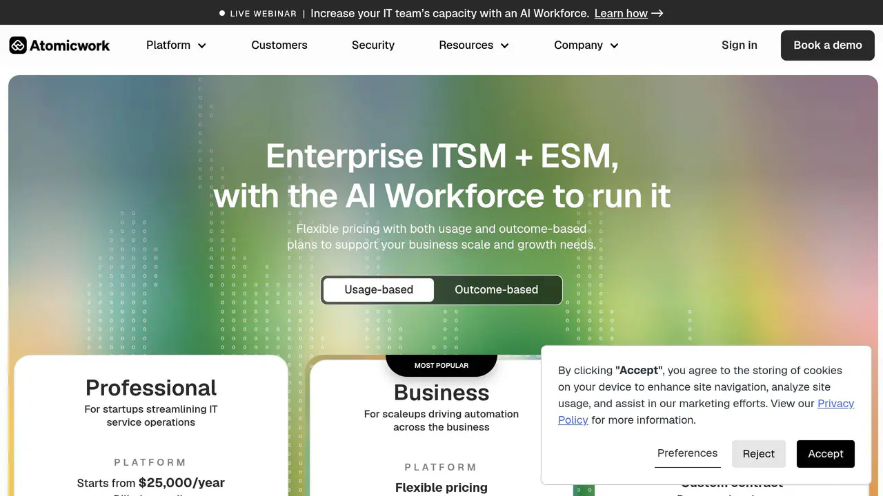 Pricing-page preview of Atomicwork, captured Jul 23, 2026