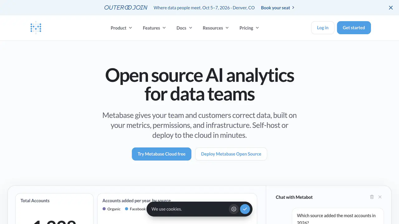 Homepage preview of Metabase, captured Jul 23, 2026