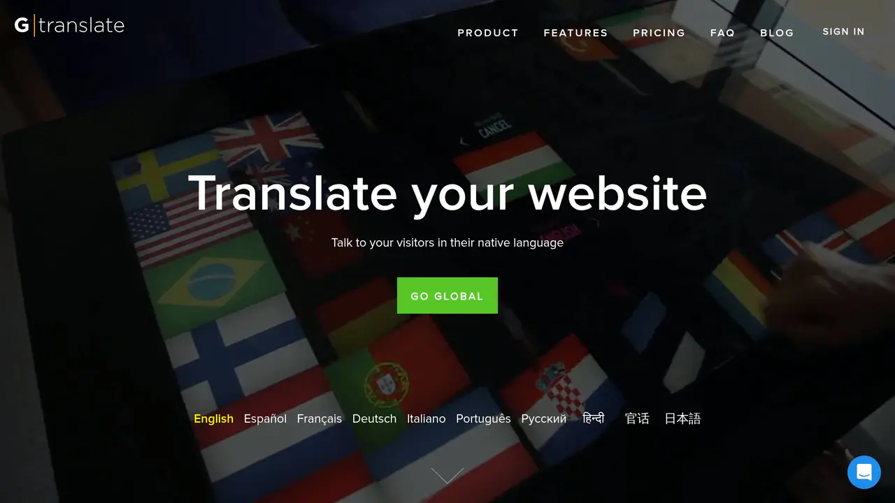 Homepage preview of GTranslate, captured Aug 8, 2026