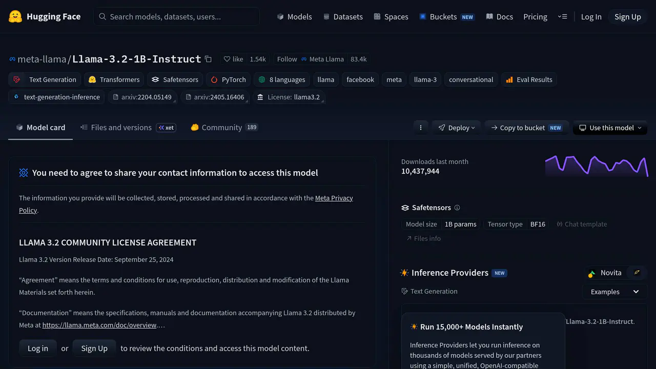 Homepage preview of Llama 3.2 1B Instruct, captured Jul 23, 2026