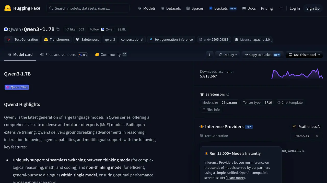 Homepage preview of Qwen3 1.7B, captured Jul 23, 2026