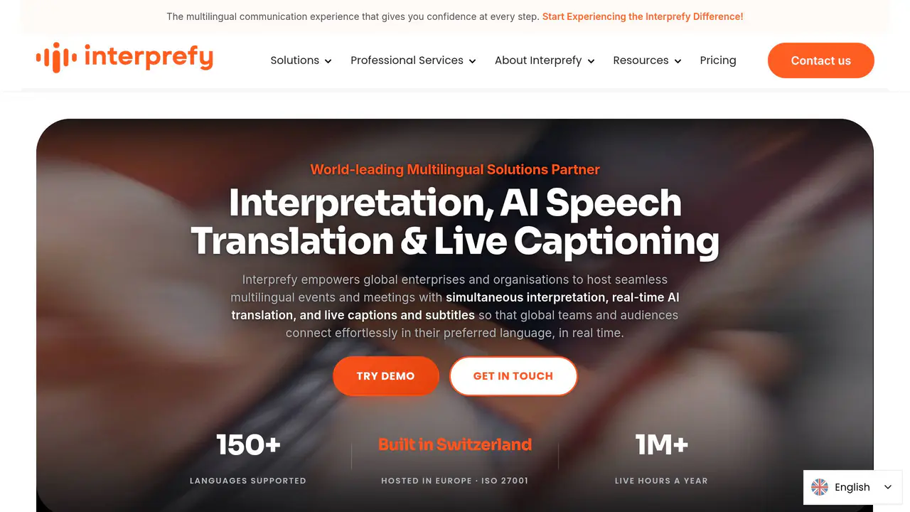 Homepage preview of Interprefy, captured Aug 31, 2026