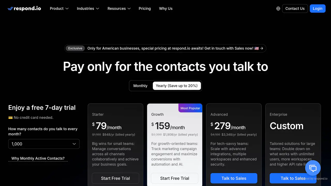 Pricing-page preview of Respond.io, captured Jul 23, 2026