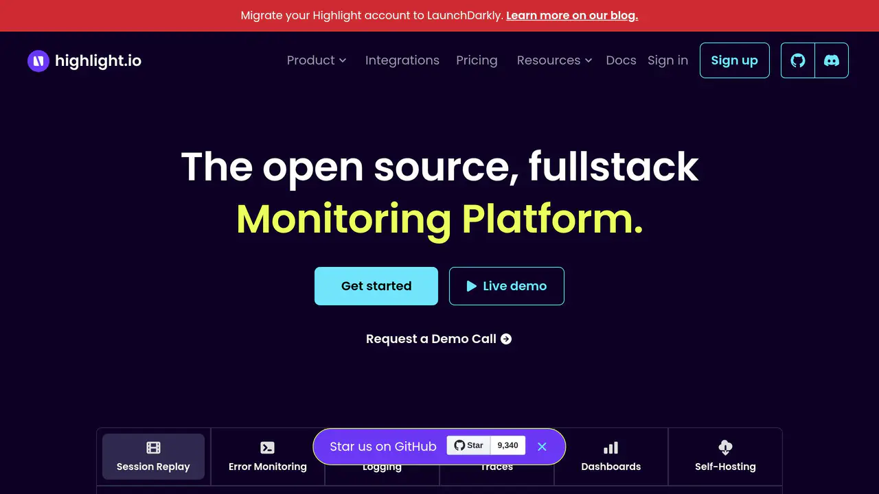 Homepage preview of Highlight.io, captured Jul 24, 2026