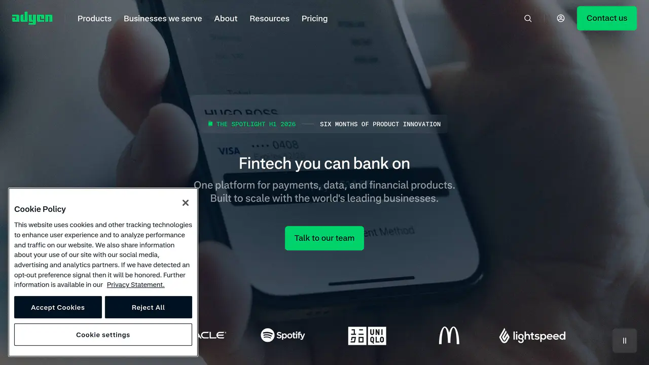 Homepage preview of Adyen, captured Aug 31, 2026