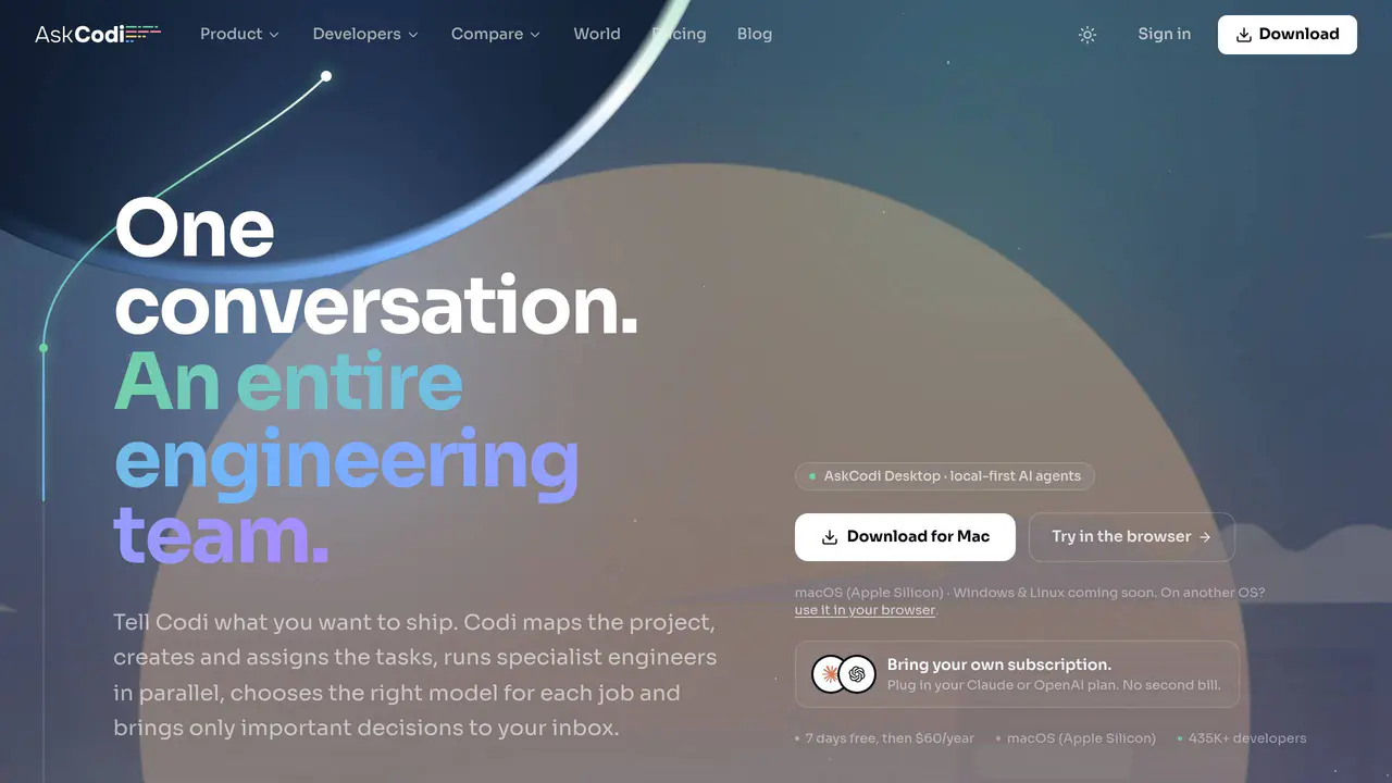 Homepage preview of AskCodi, captured Jul 23, 2026