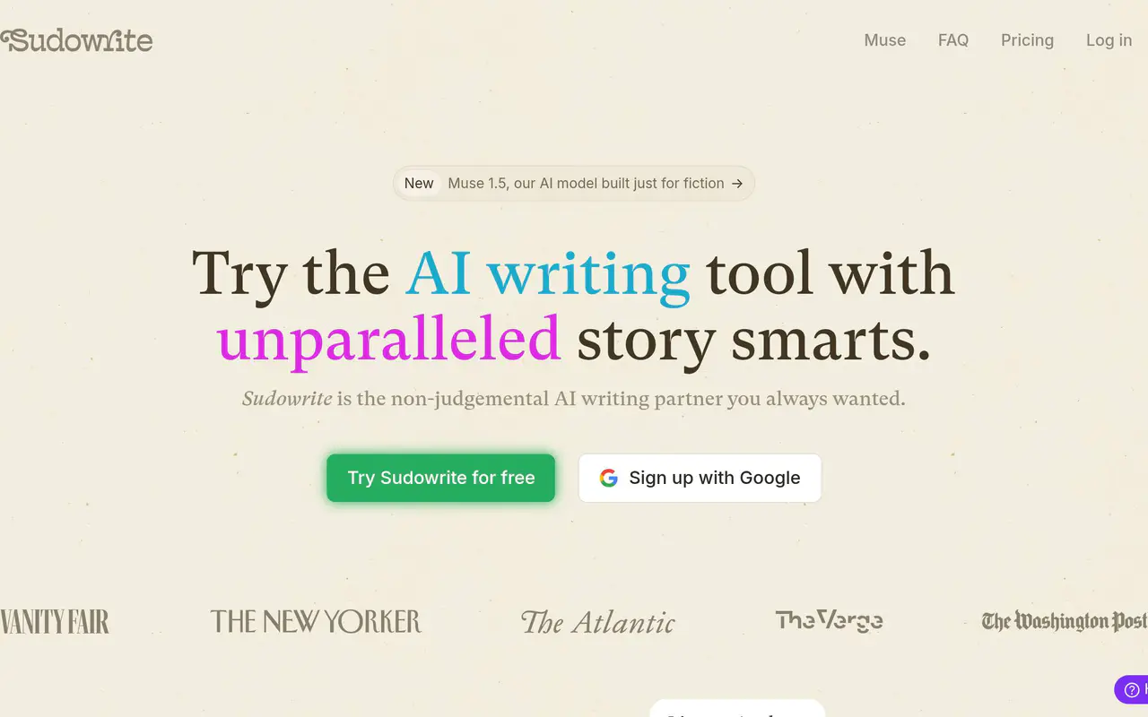 Homepage preview of Sudowrite, captured Jul 22, 2026