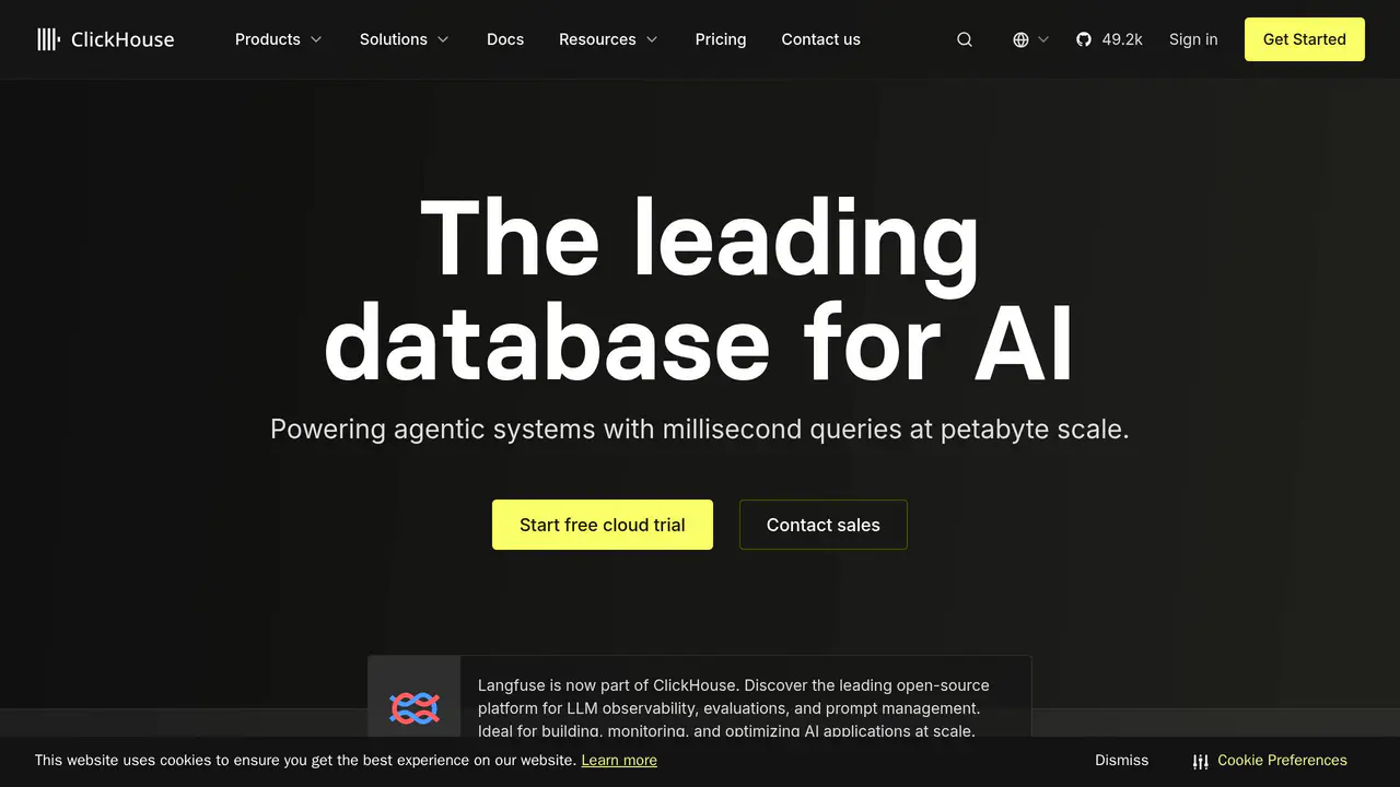 Homepage preview of ClickHouse, captured Aug 16, 2026