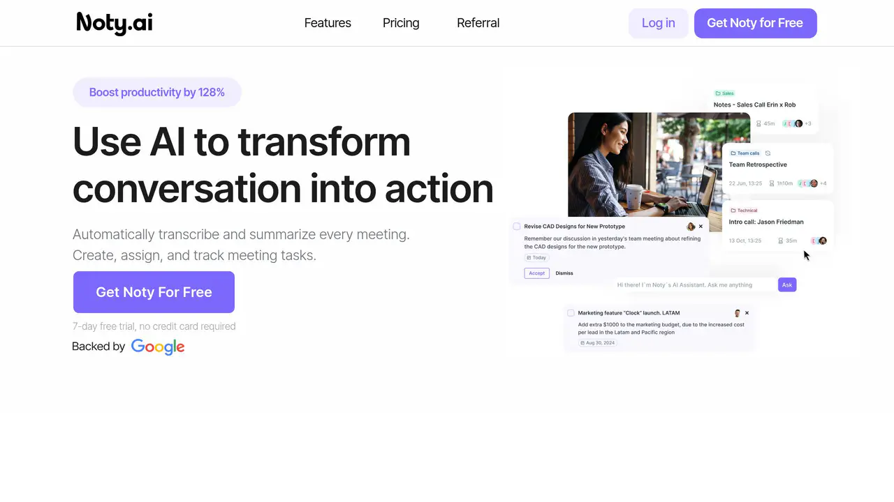 Homepage preview of Noty.ai, captured Aug 3, 2026