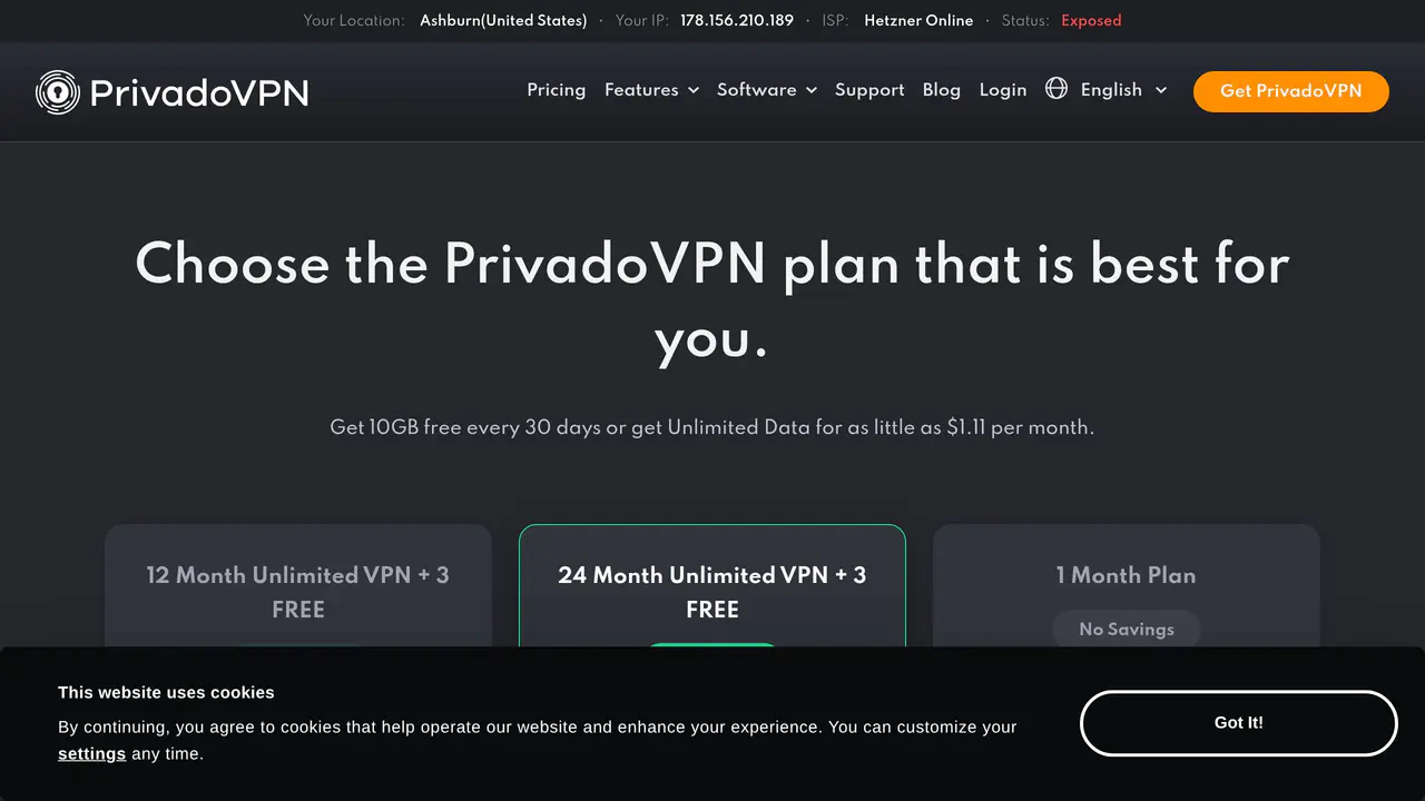 Pricing-page preview of PrivadoVPN, captured Aug 16, 2026