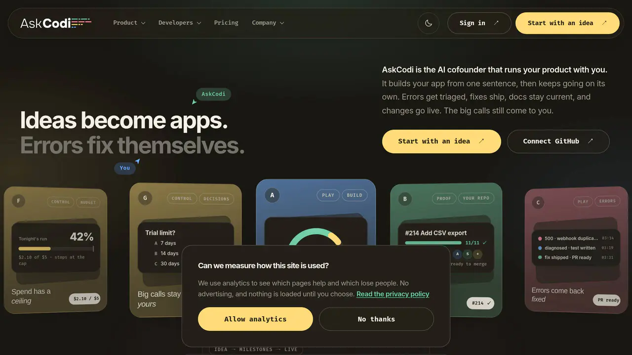 Homepage preview of AskCodi, captured Sep 19, 2026