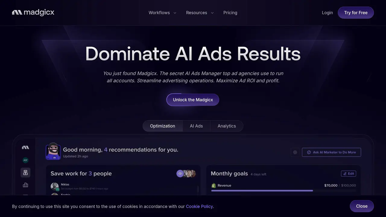 Homepage preview of Madgicx, captured Jul 24, 2026