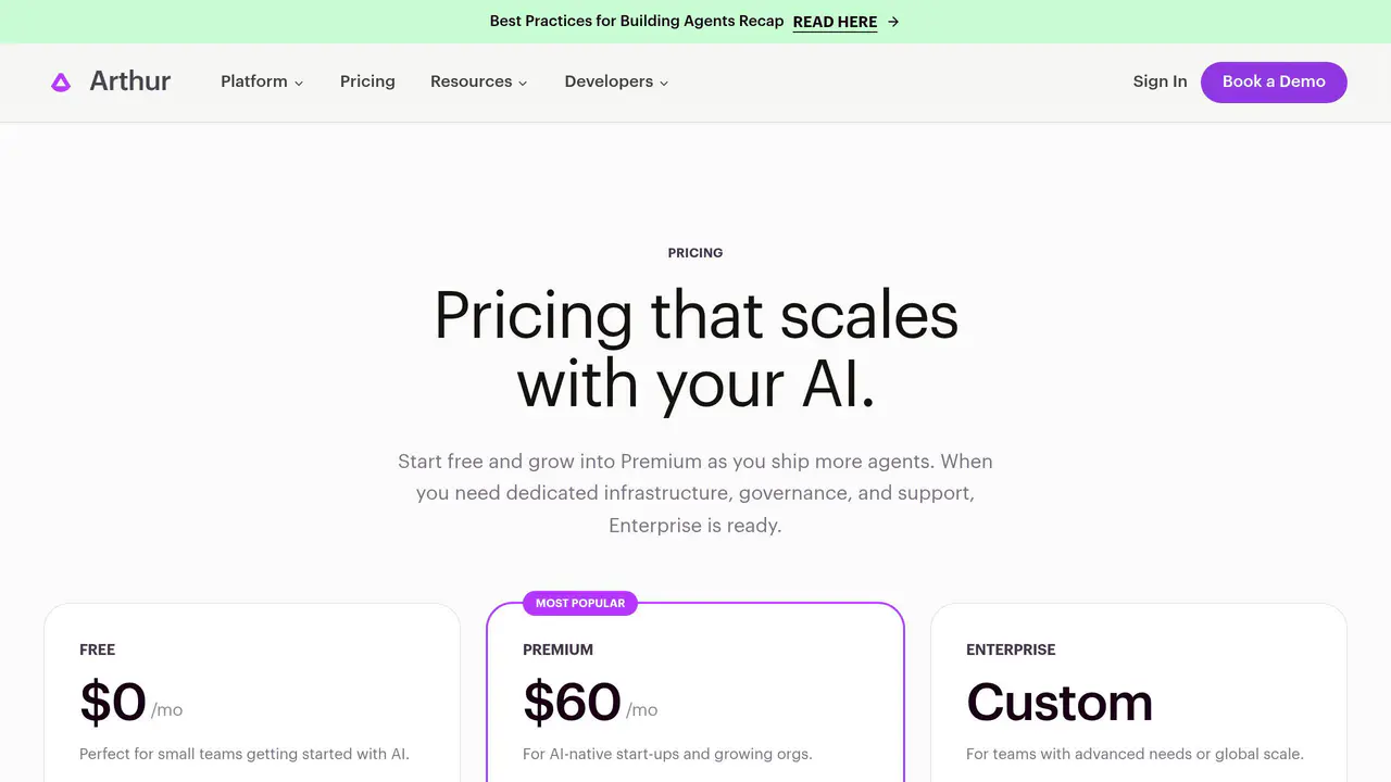 Pricing-page preview of Arthur AI, captured Sep 22, 2026