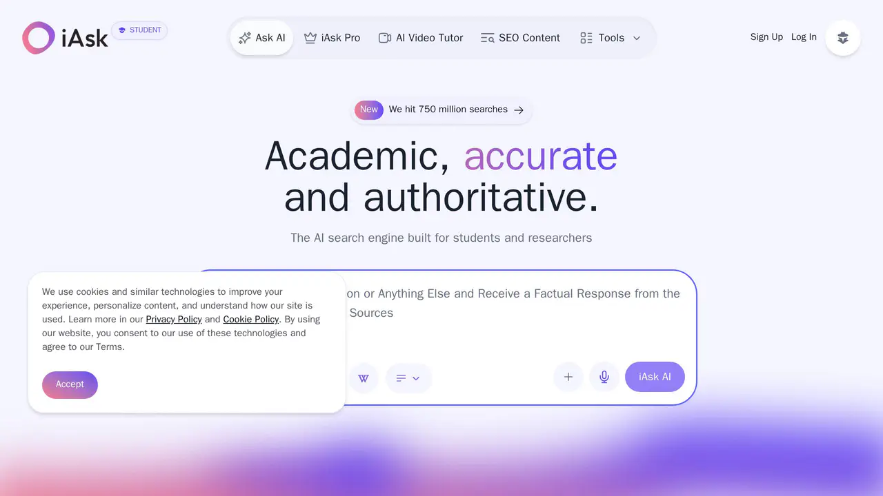 Homepage preview of iAsk AI, captured Jul 23, 2026