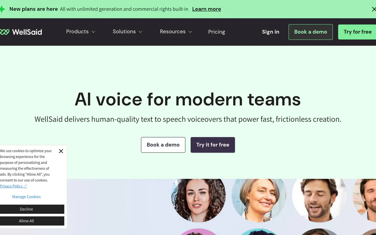 Homepage preview of WellSaid Labs, captured Jul 21, 2026