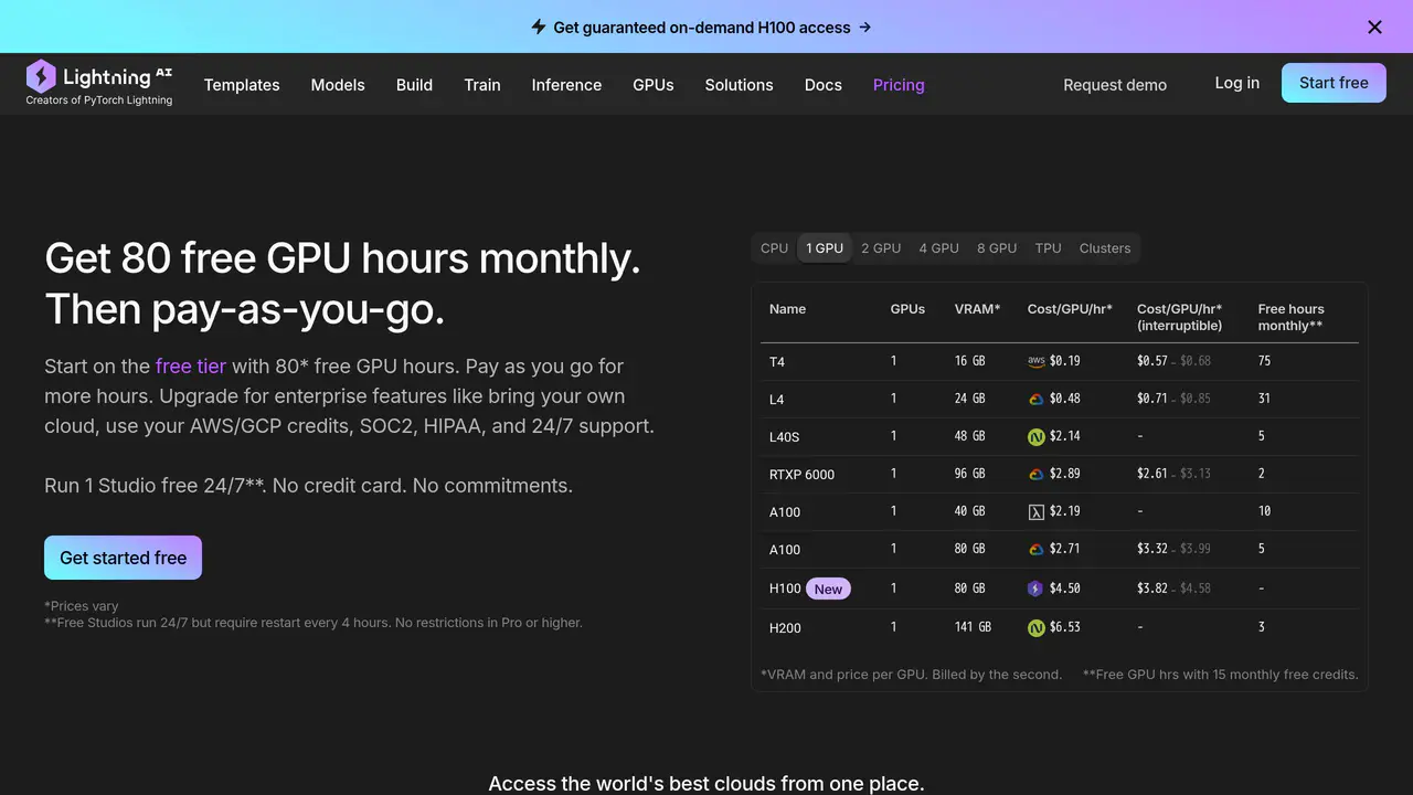 Pricing-page preview of Lightning AI, captured Jul 24, 2026