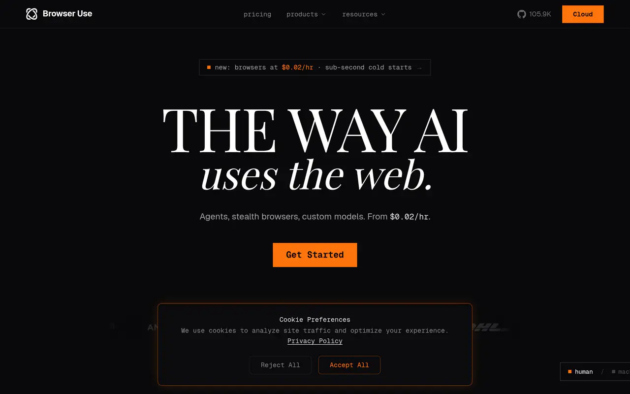 Homepage preview of Browser Use, captured Jul 21, 2026