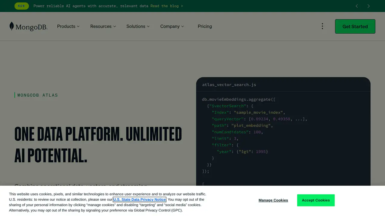 Homepage preview of MongoDB Atlas Vector Search, captured Aug 20, 2026