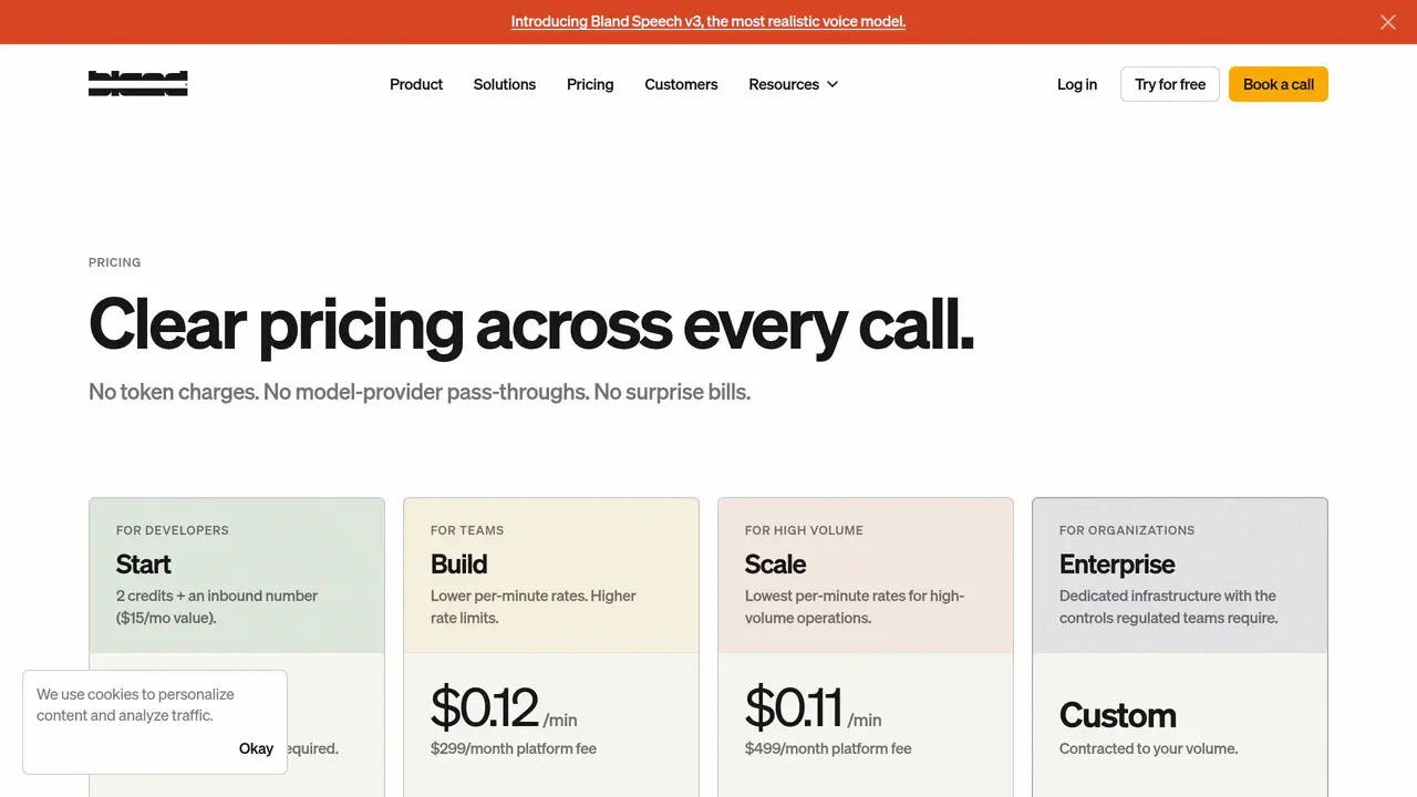 Pricing-page preview of Bland AI, captured Aug 16, 2026