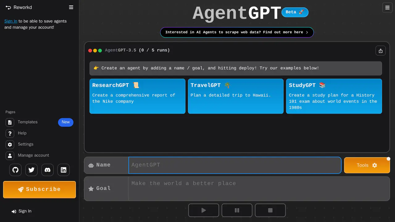 Homepage preview of AgentGPT, captured Aug 16, 2026