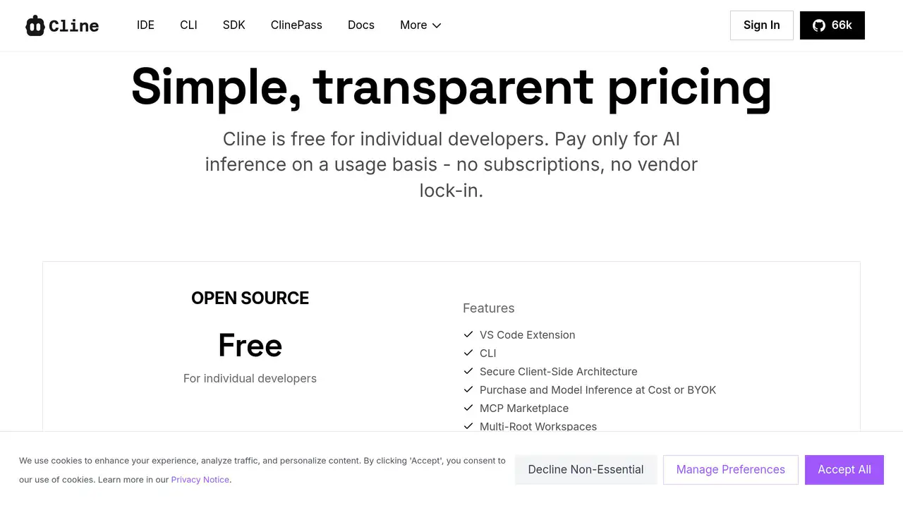 Pricing-page preview of Cline, captured Aug 17, 2026