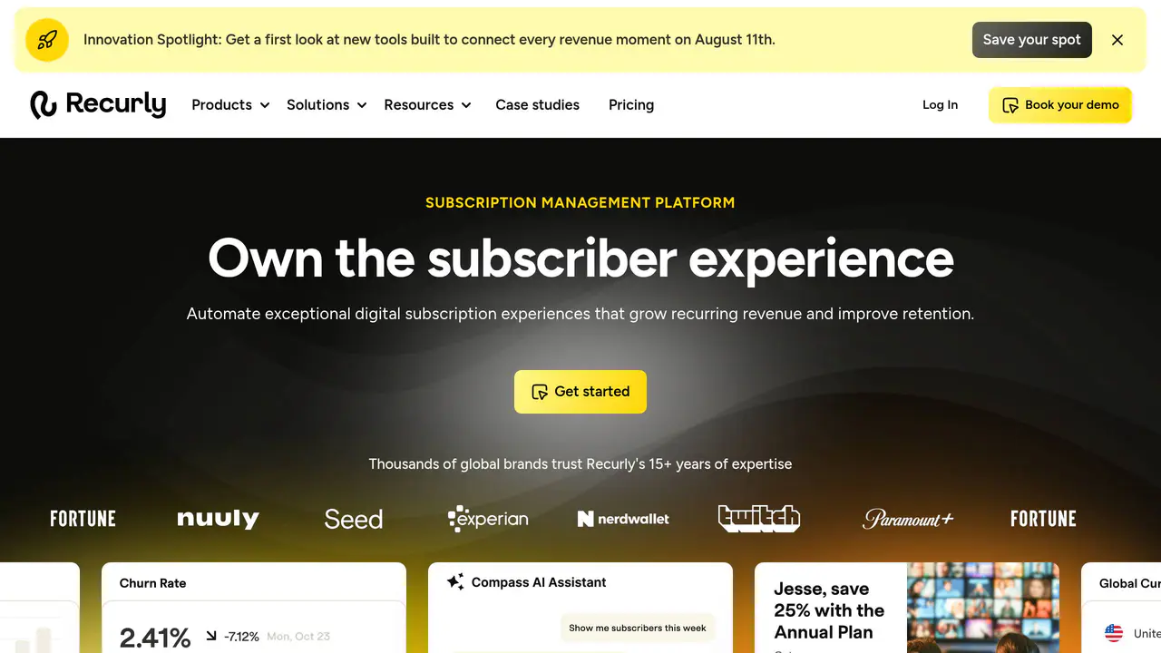 Homepage preview of Recurly, captured Jul 23, 2026