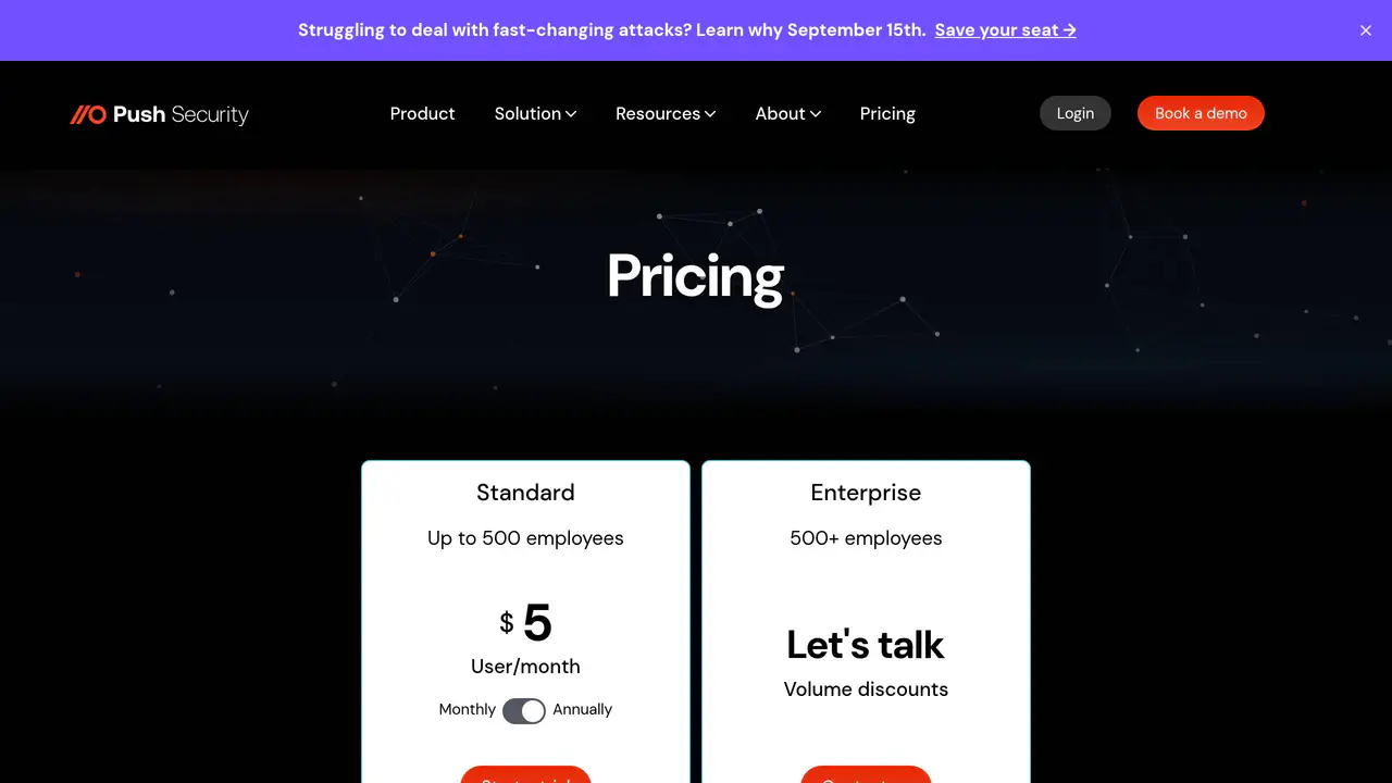 Pricing-page preview of Push Security, captured Aug 23, 2026