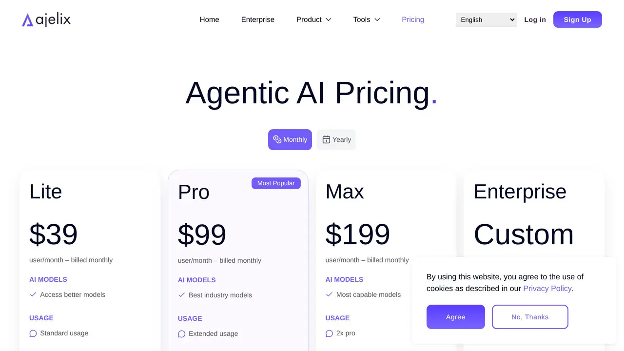 Pricing-page preview of Ajelix, captured Aug 12, 2026