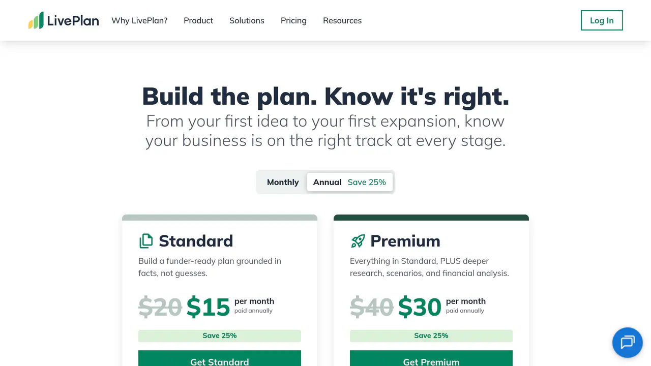Pricing-page preview of LivePlan, captured Jul 23, 2026