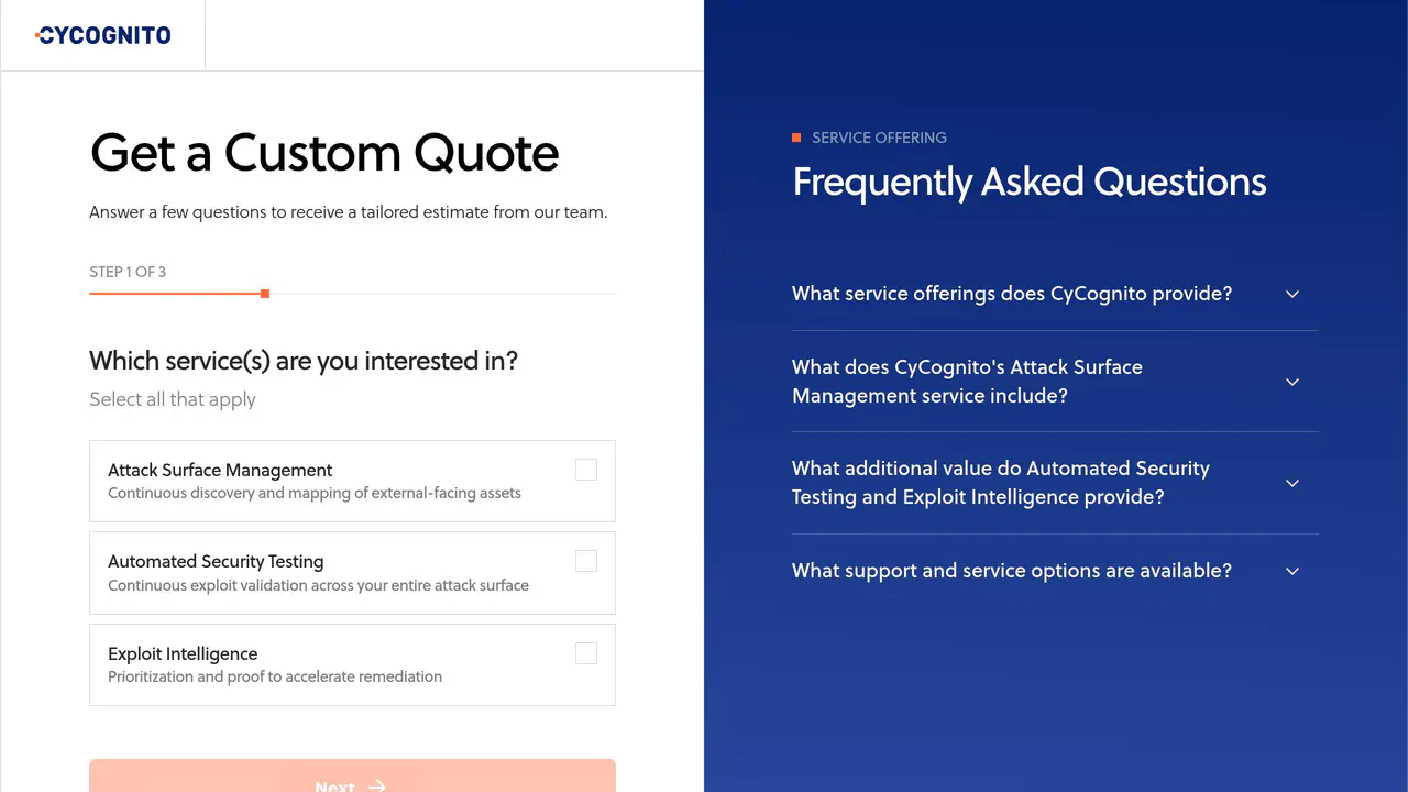 Pricing-page preview of CyCognito, captured Aug 16, 2026