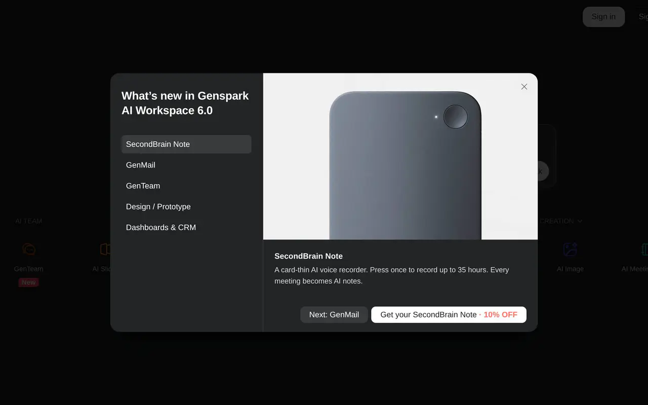 Homepage preview of Genspark, captured Jul 22, 2026