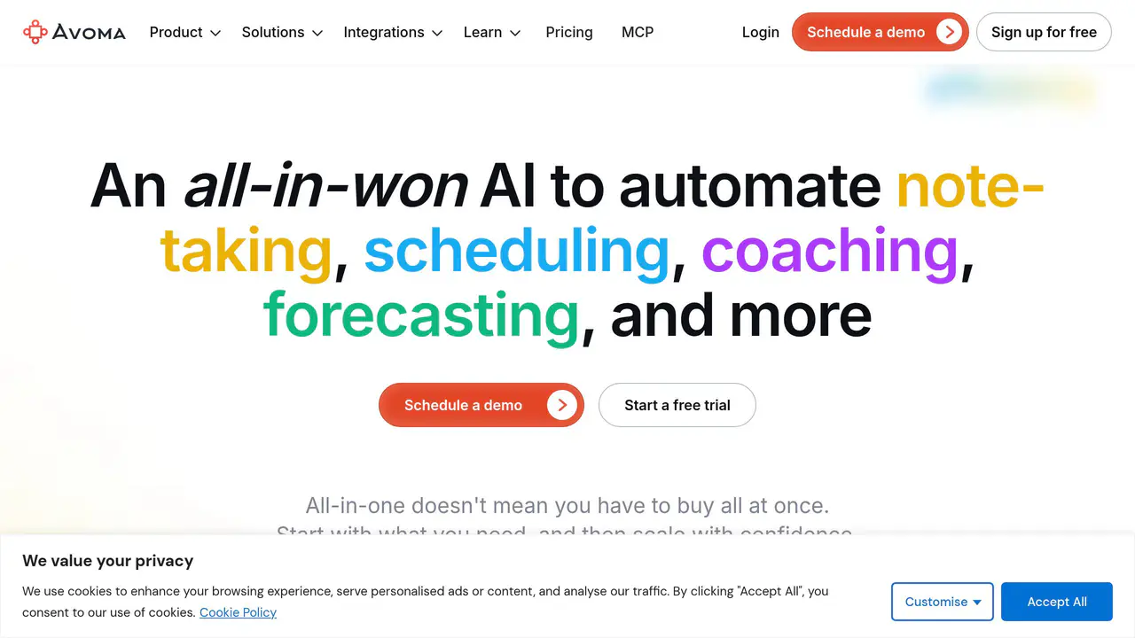 Homepage preview of Avoma, captured Aug 2, 2026